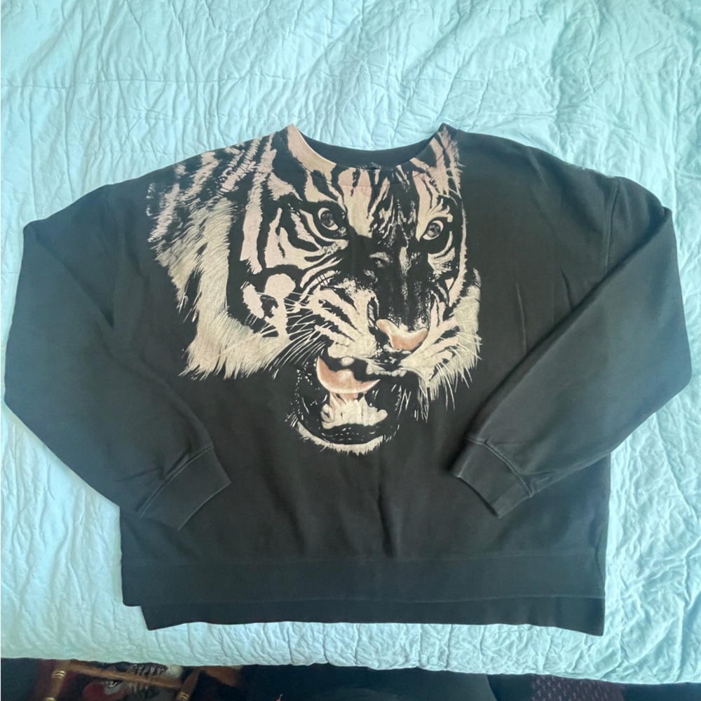 All Saints Black Crewneck Sweater with Tiger Men’s Small- 100% Silk Back Panel